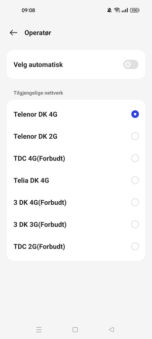 Velg en nettverksoperatør fra listen