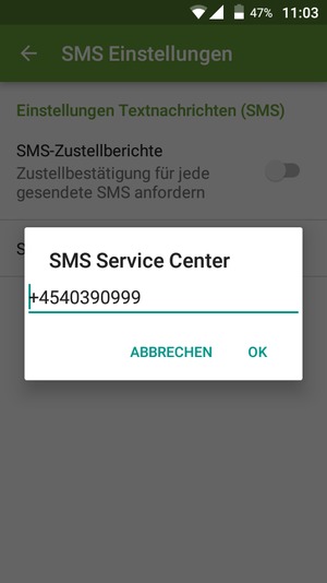 Geben Sie die SMS Service Center Nummer ein und wählen Sie OK