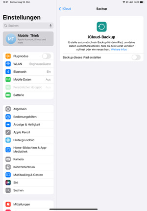 Schalten  Sie Backup dieses iPad erstellen ein