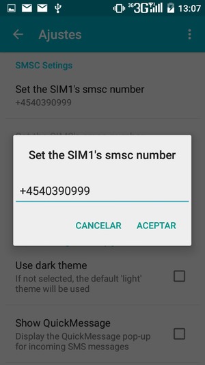 Introduzca el número de SIM's smsc y seleccione ACEPTAR