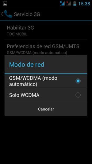 Seleccione Solo WCDMA  para habilitar 3G y GSM/WCDMA (modo automático) para habilitar 2G/3G
