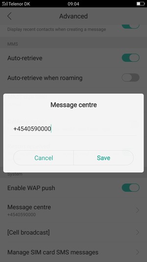 Enter the Message centre number and select Save