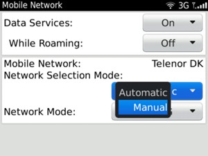To change network if network problems occur, select Network Selection Mode and select Manual
