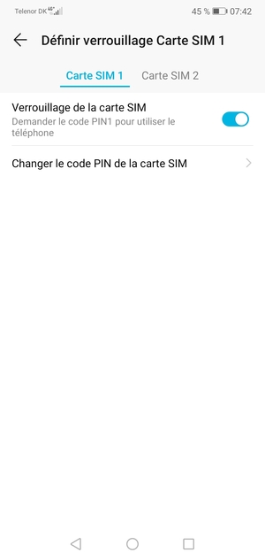 Sélectionnez SIM 1 ou SIM 2 et sélectionnez Changer le code PIN de la carte SIM