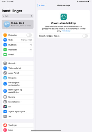Slå på Sikkerhetskopier iPaden
