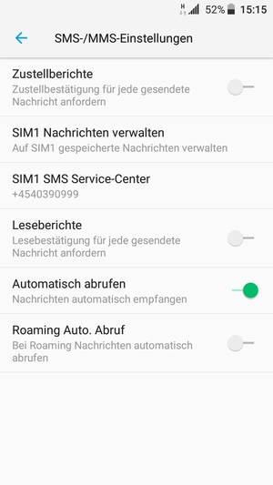 Wählen Sie Service Zentrale / SIM SMS Service-Center