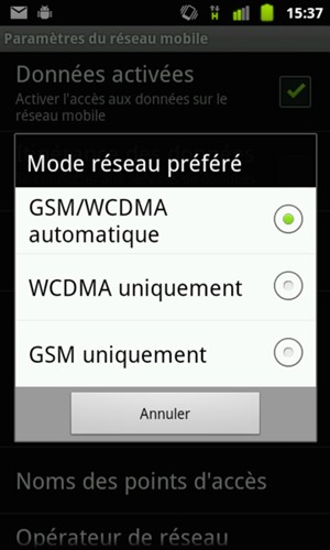 Sélectionnez GSM uniquement / 2G uniquement pour activer la 2G et GSM/WCDMA automatique / 2G/3G (auto mode) pour activer la 3G