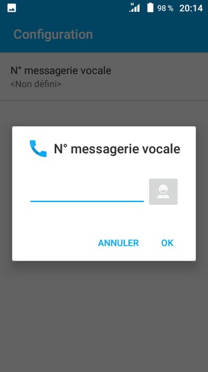 Saisissez le N° messagerie vocale et sélectionnez OK