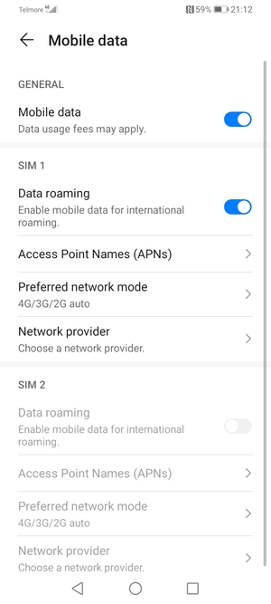 Scroll to SIM 1 or SIM 2 and select Preferred network mode