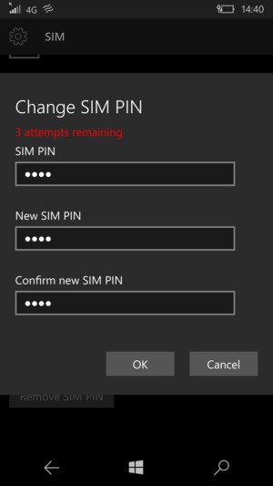 Enter your SIM PIN and New SIM PIN. Confirm New SIM PIN and select OK