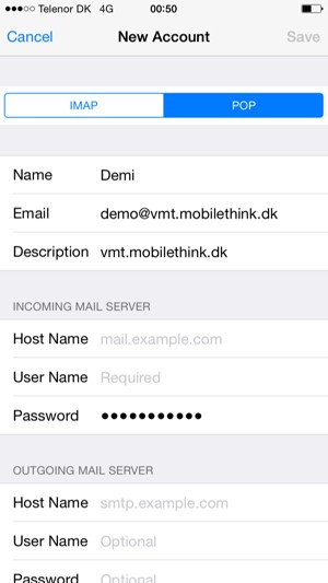 Select POP or IMAP and enter email information for Incoming Mail Server