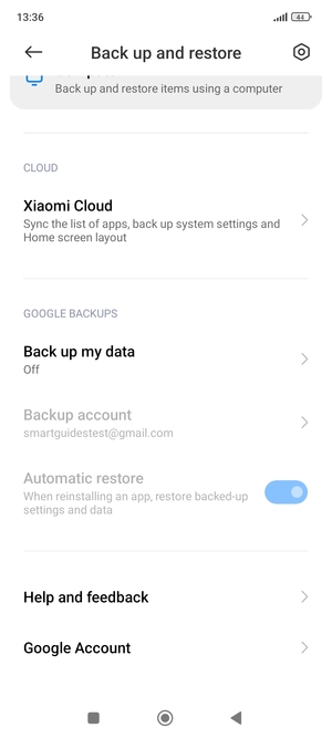 Scroll to and select Back up my data
