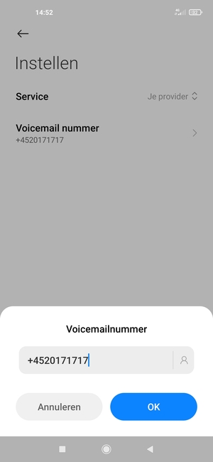 Voer het Voicemail nummer in en selecteer OK