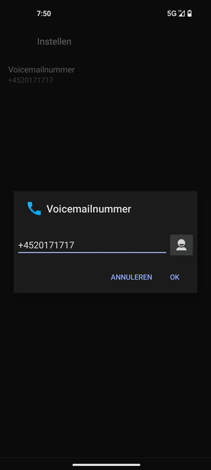 Voer het Voicemailnummer in en selecteer OK