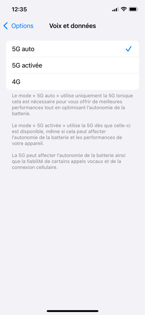 Pour activer la 5G, sélectionnez 5G auto ou 5G activée