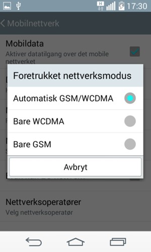 Velg Bare GSM  for å aktivere 2G og Automatisk GSM / WCDMA for å aktivere 3G