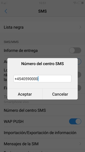 Introduzca el número  Del centro SMS y seleccione Aceptar