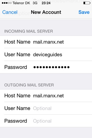 Enter email information for OUTGOING MAIL SERVER and select Save