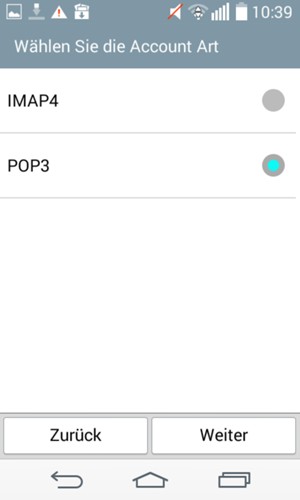 Wählen Sie IMAP4 oder POP3 und wählen Sie Weiter