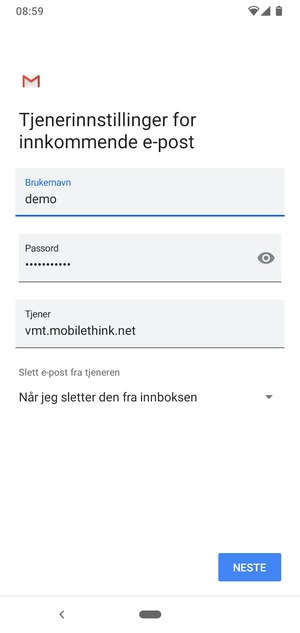 Skriv inn Brukernavn og innkommende serveradresse. Velg NESTE