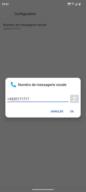 Saisissez le Numéro de messagerie vocale et sélectionnez OK