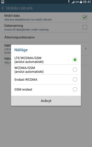 Välj WCDMA/GSM (anslut automatiskt) för att aktivera 3G och LTE/WCDMA/GSM (anslut automatiskt) för att aktivera 4G