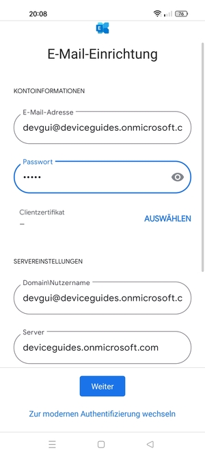 Geben Sie Benutzername und Exchange Server-Adresse ein. Wählen Sie Weiter