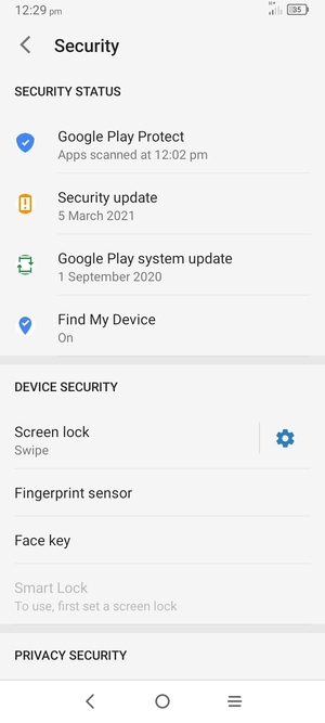 To activate your screen lock, return to the Security menu and select Screen lock