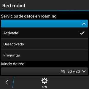 Seleccione Servicios de datos en roaming y luego seleccione Activado o Desactivado