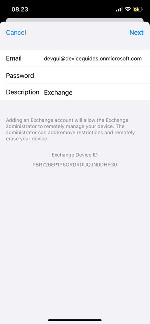 Enter your Exchange email information and select Next