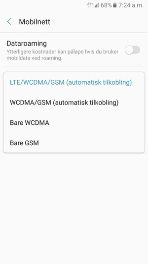 Velg WCDMA/GSM (automatisk tilkobling) for å aktivere 3G og LTE/WCDMA/GSM (automatisk tilkobling) for å aktivere 4G