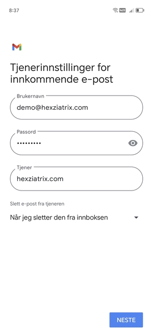 Skriv inn Brukernavn og innkommende serveradresse. Velg NESTE