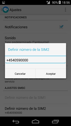 Introduzca el Número de Centro de servicios SMS / el Número de la SIM y seleccione Aceptar