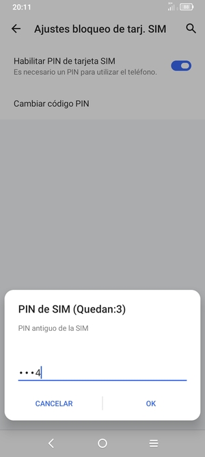 Introduzca su PIN antiguo de la SIM y seleccione OK