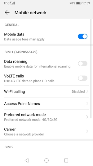 Scroll to SIM 1 or SIM 2 and select Access Point Names