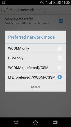 Select WCDMA (preferred)/GSM to enable 3G and LTE (preferred)/WCDMA/GSM to enable 4G