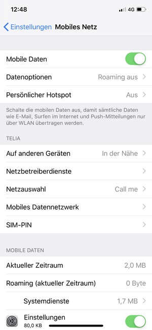 Wählen Sie Mobiles Datennetzwerk