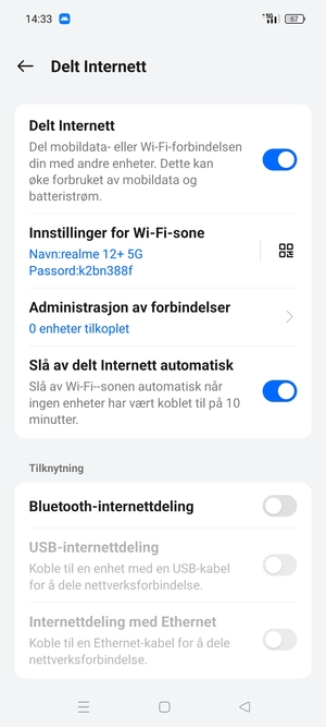 Telefonen din er konfigurert for bruk som et modem