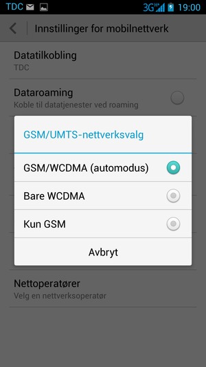 Velg Kun GSM for å aktivere 2G og GSM/WCDMA (automodus) for å aktivere 3G