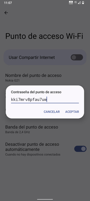 Introduzca una contraseña de punto de acceso Wi-Fi de al menos 8 caracteres y seleccione ACEPTAR