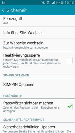 Scrollen Sie und wählen Sie SIM-PIN Optionen