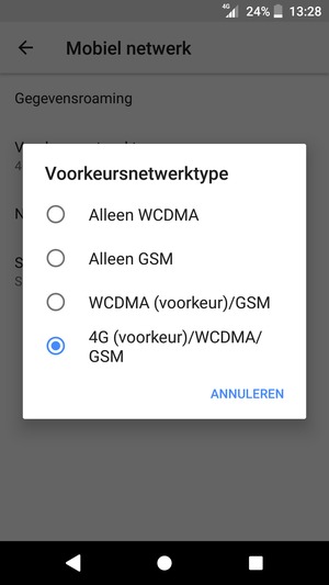 Selecteer WCDMA (voorkeur)/GSM om 3G in te schakelen en 4G (voorkeur)/WCDMA/GSM om 4G in te schakelen