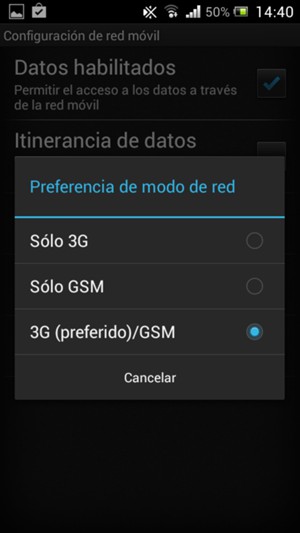 Seleccione Sólo GSM para habilitar 2G y 3G (preferido)/GSM para habilitar 3G