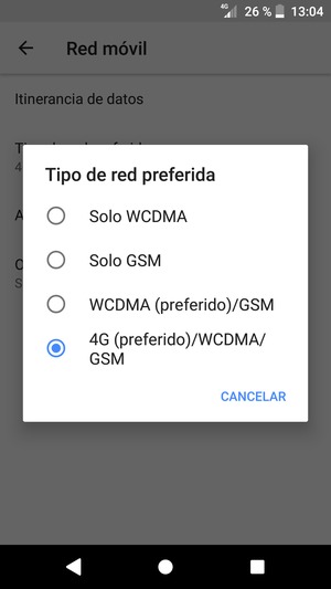 Seleccione WCDMA (preferido)/GSM para habilitar 3G y 4G (preferido)/WCDMA/GSM para habilitar 4G