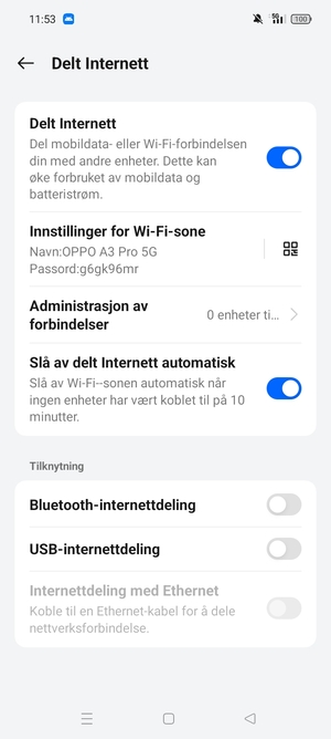 Telefonen din er konfigurert for bruk som et modem