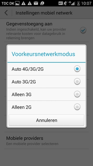 Selecteer Auto 3G/2G om 3G in te schakelen en Auto 4G/3G/2G om 4G in te schakelen