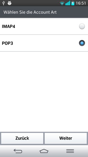 Wählen Sie POP3 oder IMAP4 und wählen Sie Weiter