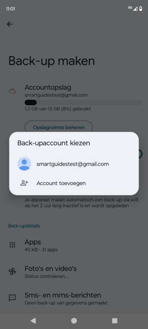 Selecteer uw back-up-account