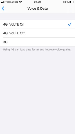 To enable 4G, select 4G, Volte On or 4G, Volte Off