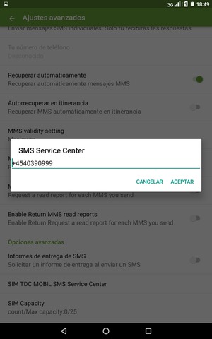 Introduzca el número de SMS Service Center y seleccione ACEPTAR